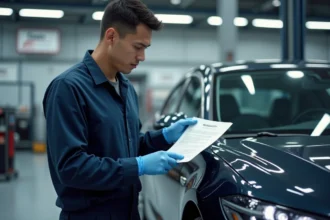 Technicien automobile vérifiant les documents de garantie d'une marque chinoise dans un atelier professionnel