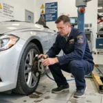 Technicien en contrôle technique inspectant les freins d'un véhicule dans un centre agréé