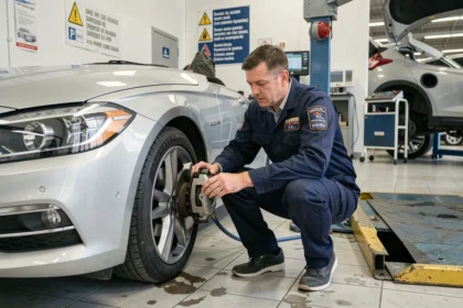 Technicien en contrôle technique inspectant les freins d'un véhicule dans un centre agréé