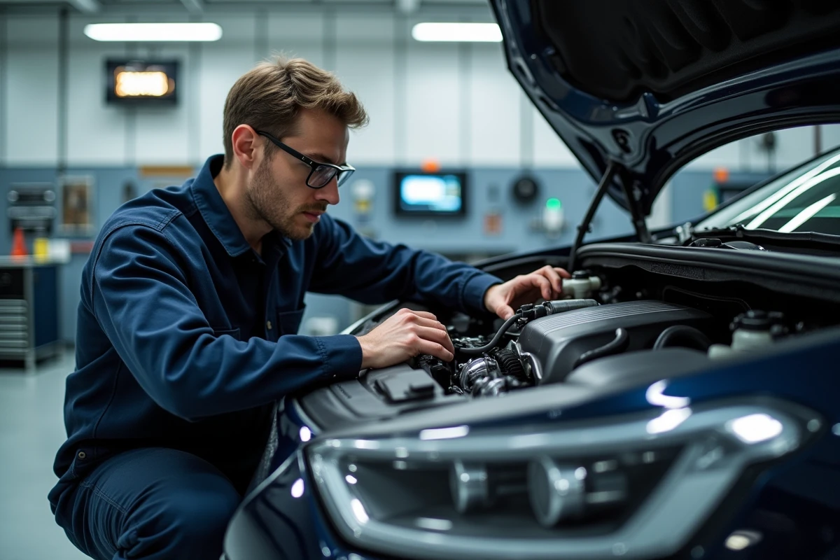 Technicien automobile inspectant le système micro-hybride 48V dans le compartiment moteur d'une berline surélevée en atelier