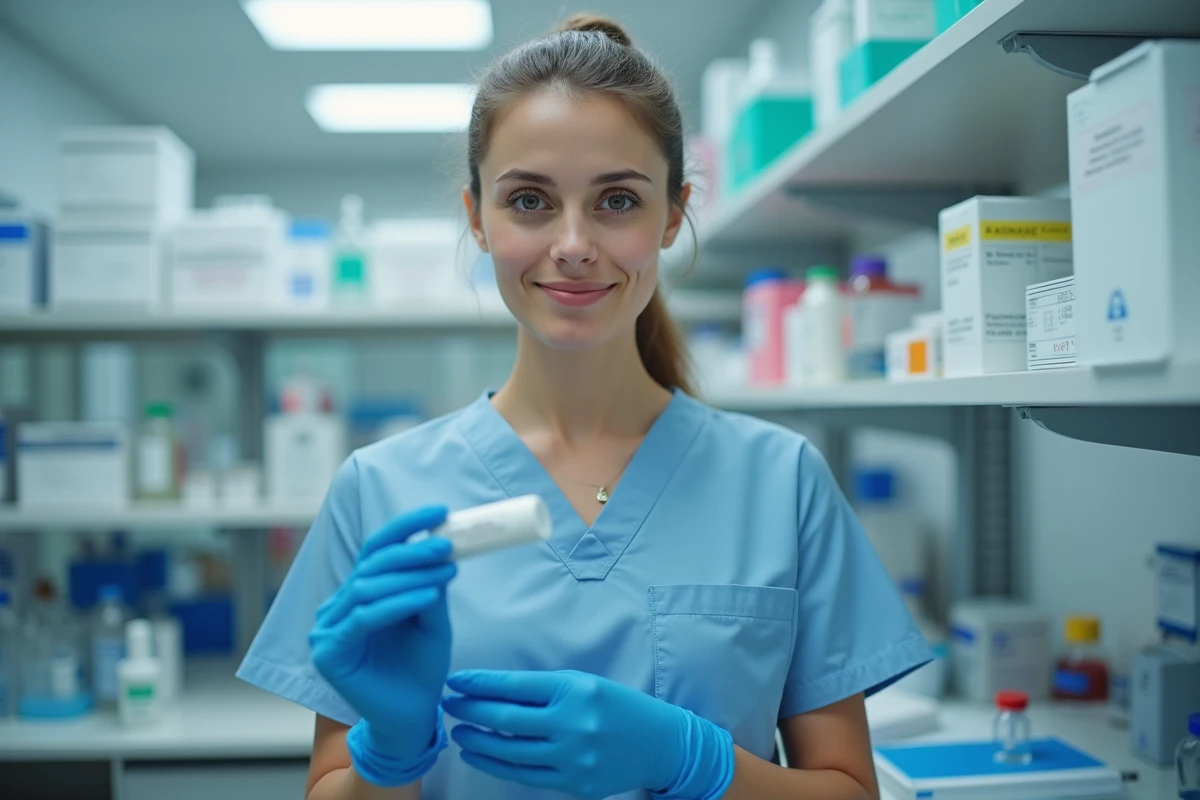 Technicienne médicale tenant un échantillon dans un laboratoire