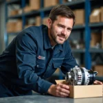 Technicien multimarques examinant une pièce détachée automobile dans un garage professionnel bien équipé