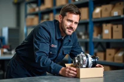 Technicien multimarques examinant une pièce détachée automobile dans un garage professionnel bien équipé