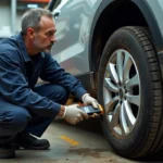 Technicien automobile testant un capteur ABS corrodé avec un multimètre dans un atelier de réparation