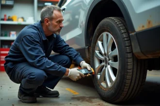 Technicien automobile testant un capteur ABS corrodé avec un multimètre dans un atelier de réparation