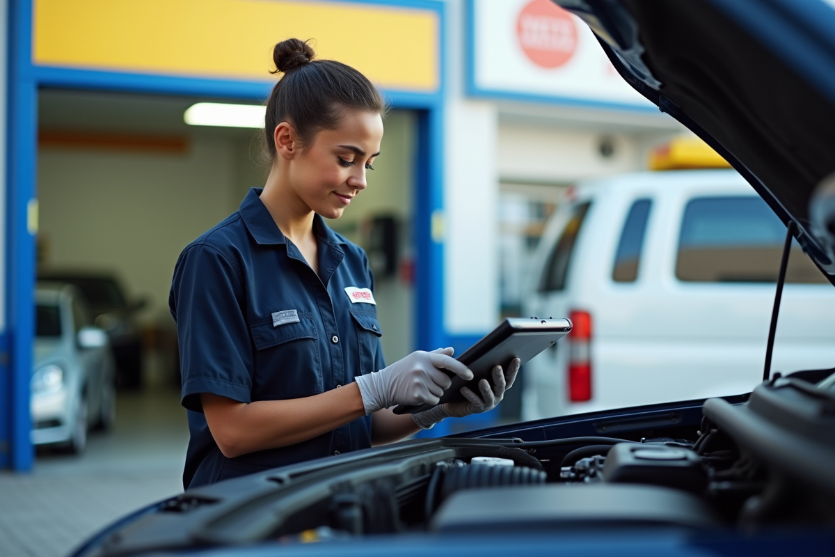 Jeune technicienne examinant un moteur avec tablette en extérieur