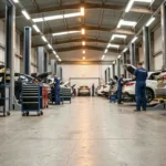 Vue d'ensemble d'un garage automobile en Auvergne-Rhône-Alpes avec plusieurs véhicules en réparation et des mécaniciens au travail