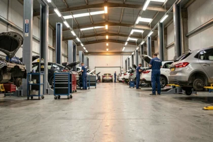 Vue d'ensemble d'un garage automobile en Auvergne-Rhône-Alpes avec plusieurs véhicules en réparation et des mécaniciens au travail