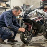 Mécanicien inspectant les fourches et les freins d'une Suzuki GSX-R d'occasion dans un atelier moto réaliste
