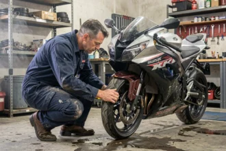 Mécanicien inspectant les fourches et les freins d'une Suzuki GSX-R d'occasion dans un atelier moto réaliste