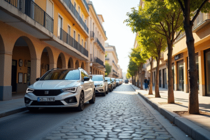 Rue moderne en Espagne avec voitures Seat et Cupra au soleil