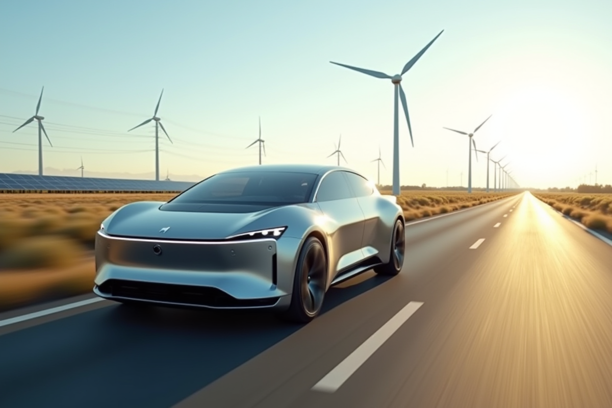 Voiture électrique futuriste sur une route de campagne ensoleillée