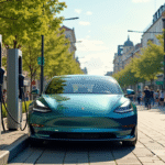 Voiture électrique moderne en charge dans une ville ensoleillée