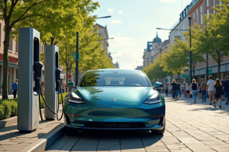 Voiture électrique moderne en charge dans une ville ensoleillée