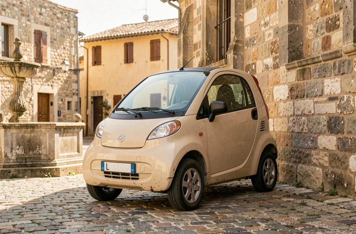 Voiturette sans permis de type Aixam garée sur une place de village provençal en France