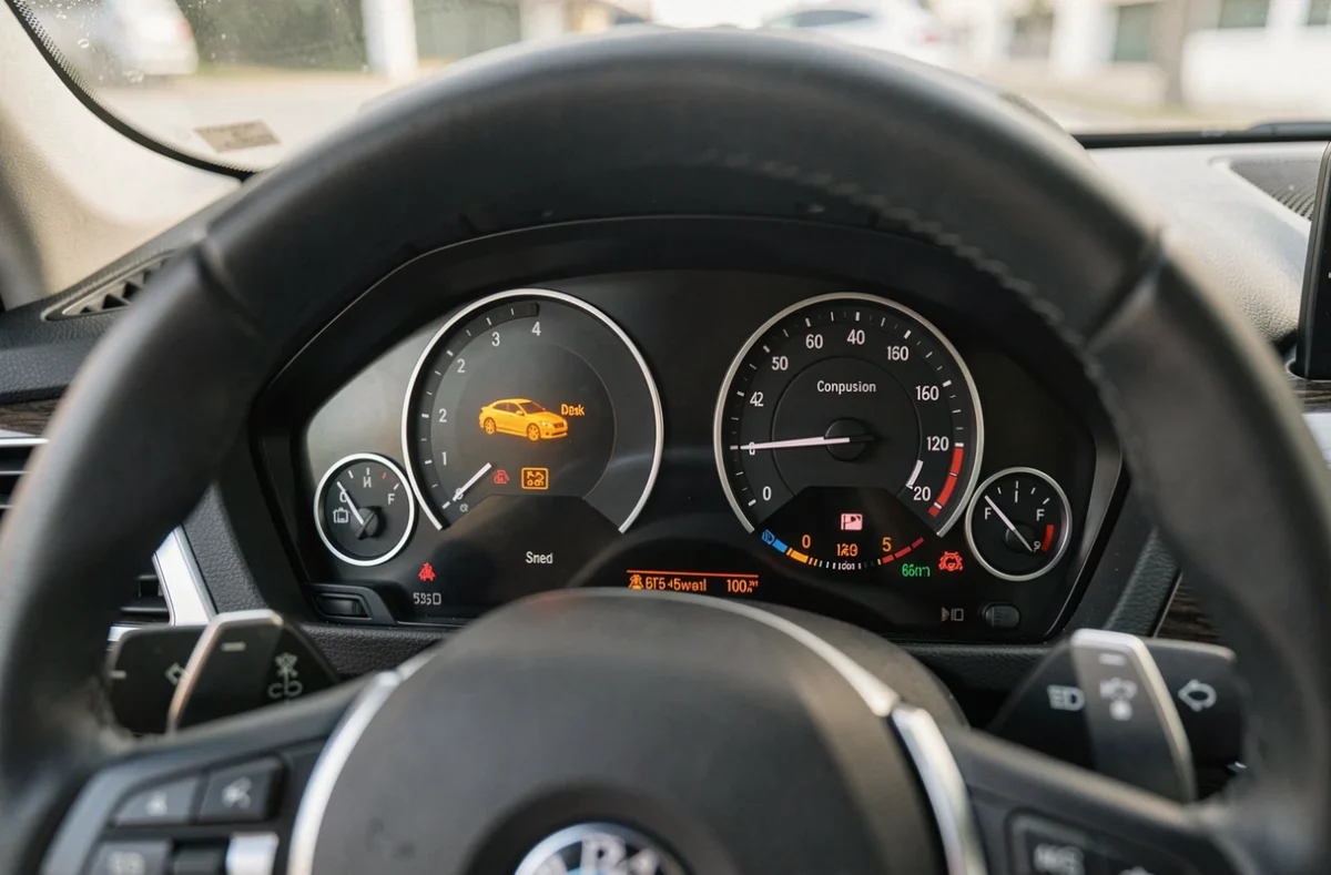 Voyant moteur allumé sur le tableau de bord d'une BMW avec consommation élevée affichée