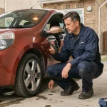Mécanicien inspectant le voyant moteur allumé sur une Renault Clio 2 rouge dans une allée résidentielle