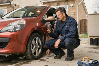 Mécanicien inspectant le voyant moteur allumé sur une Renault Clio 2 rouge dans une allée résidentielle