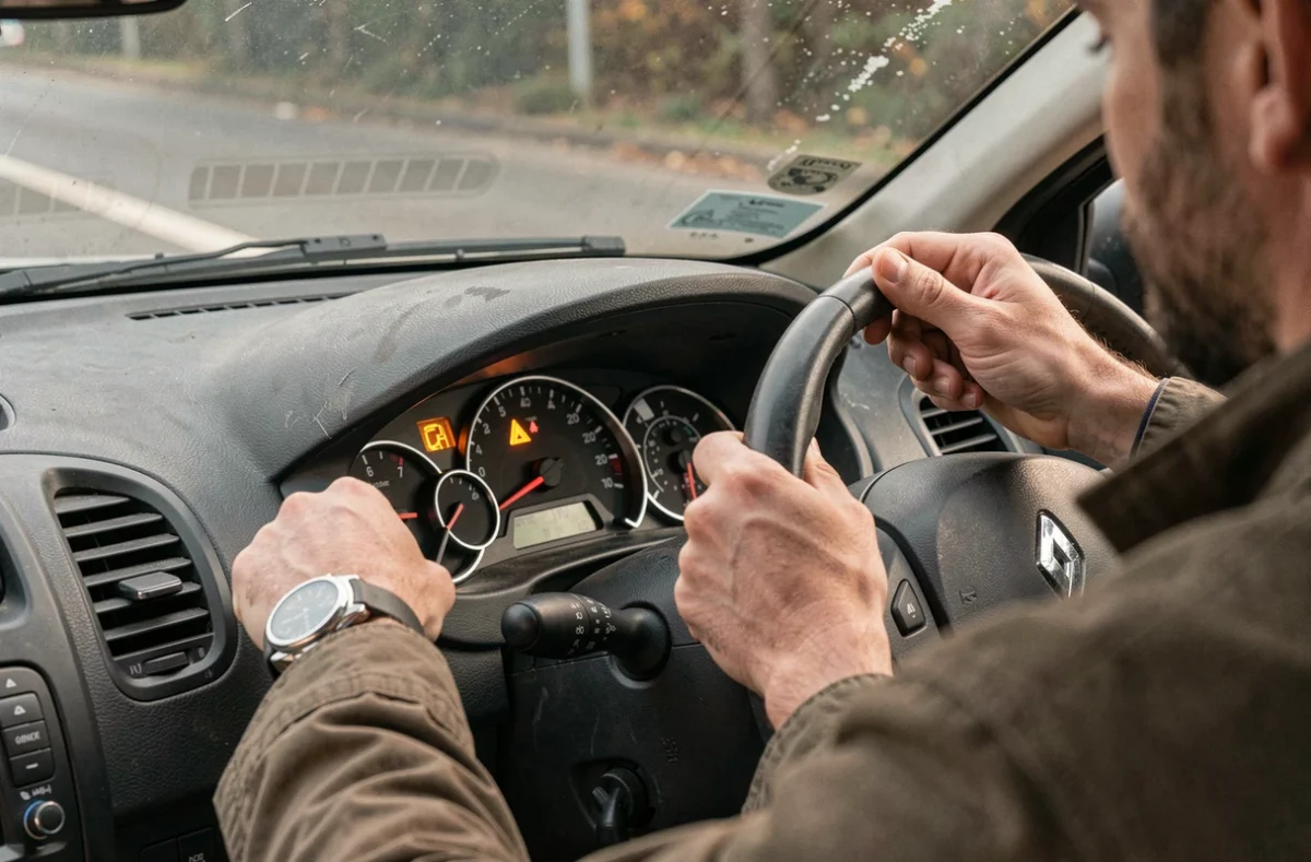 Voyant de contrôle moteur allumé sur le tableau de bord d'une Renault Clio 2 avec jauge de carburant basse
