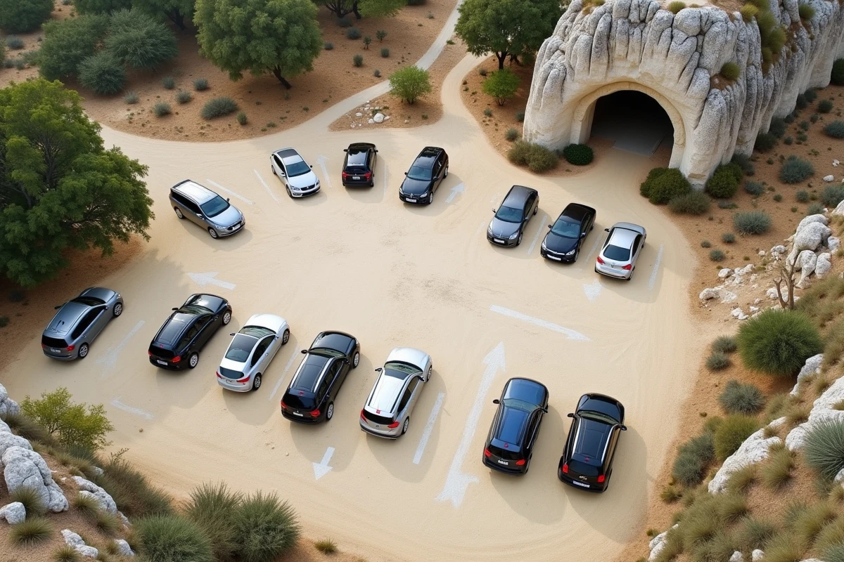 Vue aérienne du parking proche des Carrières de Lumières aux Baux-de-Provence avec fléchage piéton