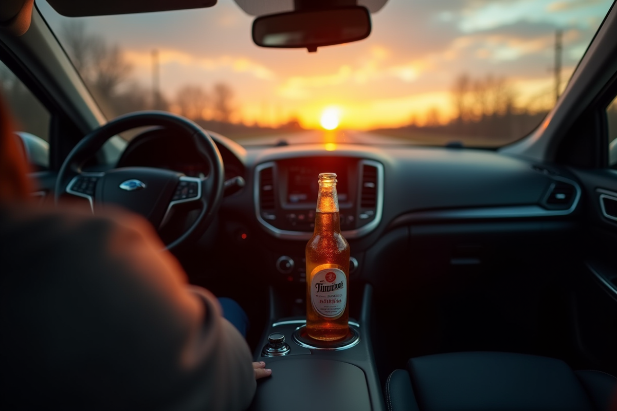Intérieur de voiture au coucher de soleil avec bière dans porte-gobelets